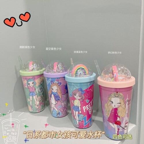 Comic Girl Coffee Cup Double Layer Cup Lid Rainbow Design Flowing Star Cute Girl Straw Cup Customization