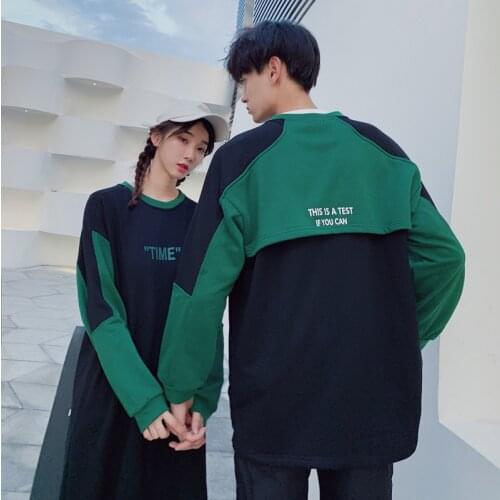Korean Couple Matching Clothes College School Pair Lovers Women Men Black Green Loose Hoodie Dress Sweatshirt Outfit Wear Set