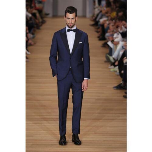Newest Mens Suits Groomsmen Peak Satin Black Lapel Groom Tuxedos Navy Blue Wedding Best Man Suit (Jacket+Pants+Tie+Girdle) B638