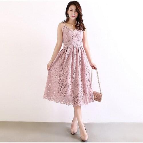 Fashion korean style lace dress Women strap sexy v neck slim A-line dress purple/black/white/navy blue/pink vestido encaje 2020