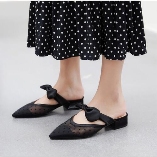 Lovirs Mules for Women Black Polka Dot Butterfly Knot Flat Shoes Slip On Loafers Backless Mules Pointed Toe Mule Slides Slippers