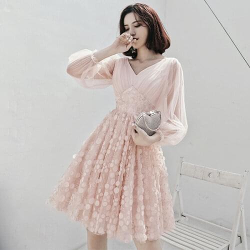 2019 New Fashion Short Party Dress Full Sleeve Sexy V-neck Illusion Banquet Evening Dresses Prom Formal Dress Haute Couture