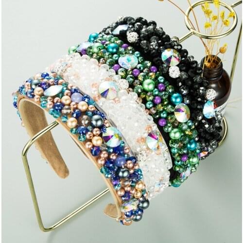 New Crystal Pearl Headband Bling Rhinestone Baroque Hairband Wide Cross Colorful Diamond Headbands for Women Hair Accessories