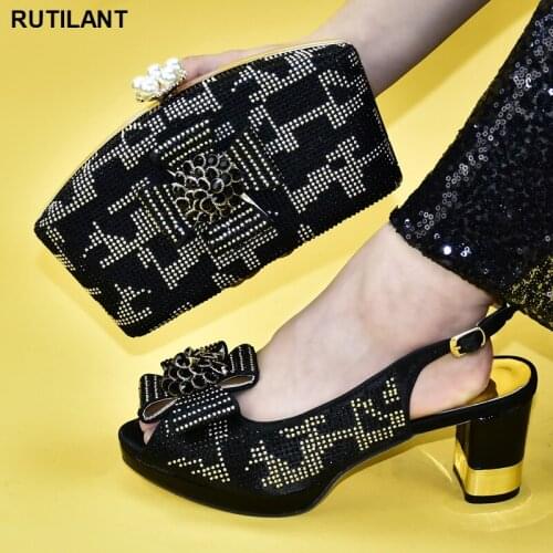 New Matching Italian Shoe and Bag Set African Shoe and Bag Set Decorated with Rhinestone Nigerian Women Party Pumps High Heels