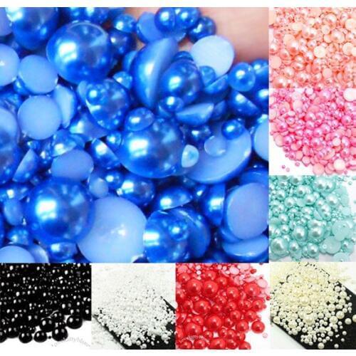 500Pcs Mixed 2-10mm Dark Blue Half Round Pearl Beads Craft Cabochon Scrapbook Decoration Flatback Nail Art Garment Beads DIY