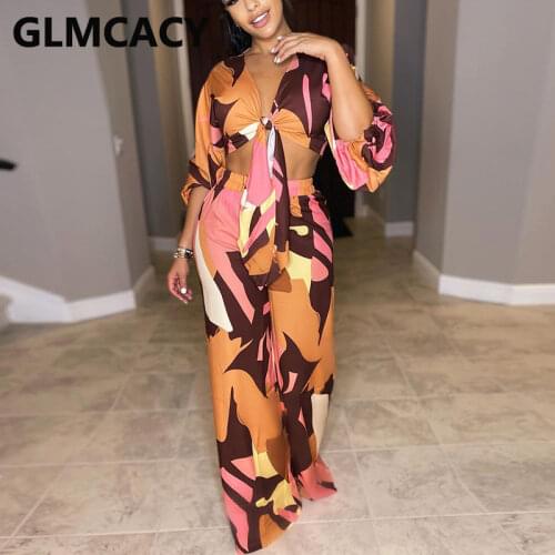 Two Piece Casual Loose Suits Long Sleeve Tie Front Crop Top & Wide Leg Pants Set