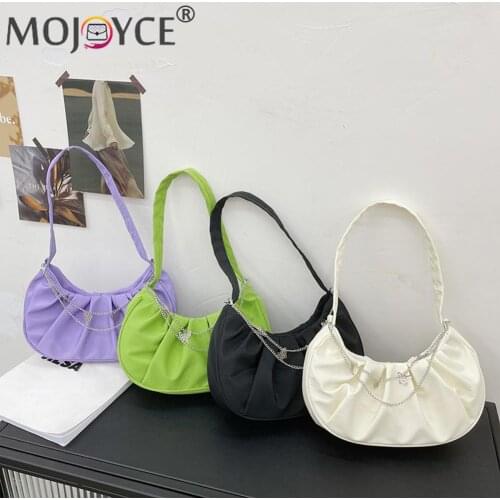 Casual All-match Nylon Solid Color Cloud Zipper Handbags Fashion Women Pleated Travel Shoulder Underarm Bag with Butterfly Chain