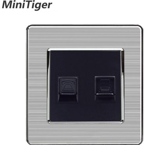 Minitiger RJ45 Internet Data Jack CAT5E Connector With 2 Core RJ11 Telephone Outlet Stainless Steel Brushed Panel Wall Socket
