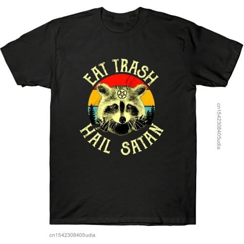 Raccoon Eat Trash Hail Satan Pentagram Satanic Gang Vintage Mens Black T-Shirts Men Funny Men Top Tee Harajuku Ullzang T-Shirt