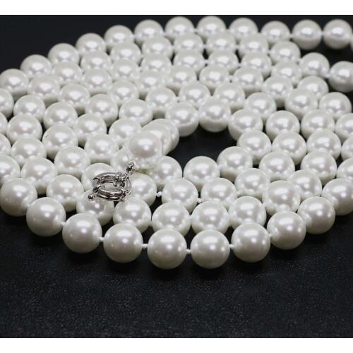 High grade white simulated-pearl shell 8mm round beads trendy long chain necklace for women making 48inches GE4575