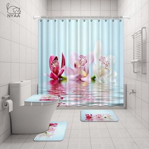 Flowers Prints Bath Screen Curtains with Hooks High Quality Polyester Shower CurtainToilet Cover Mat Non-Slip Bath Rug Set