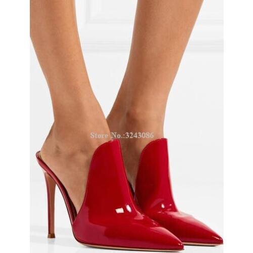 Red Color Patent Leather Woman Slippers Sexy Pointed Toe Black Stiletto Heels Sandals Classical Design Large Size Runway Shoes