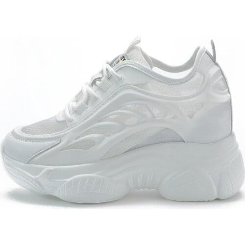 Krasovki White Dad Shoes Chunky Sneakers for Women 2021 Genuine Leather Air Mesh Hollow Platform Heel Wedge Pumps 9cm Heels