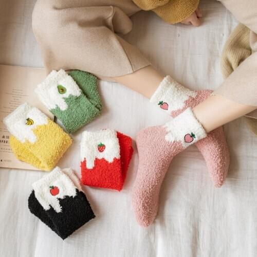 Women Winter Thicken Coral Velvet Fuzzy Slipper Crew Socks Japanese Style Cute Fruits Embroidery Contrast Color Thermal Home Sle