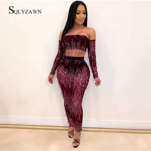 Sexy Tassel Sequins Mesh Skirt Two Piece Set Women Backless Off Shoulder Crop Top Matching Glitter Transparent Bodyon Outfits