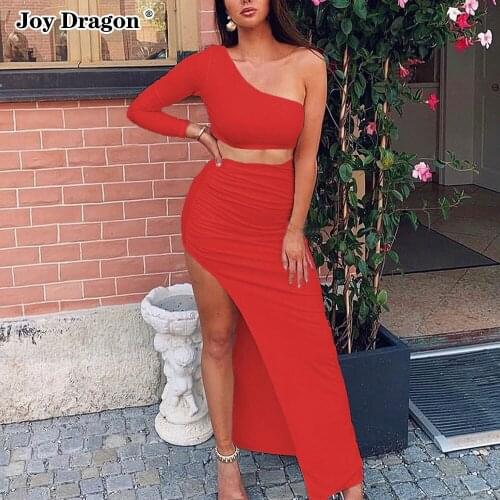 Women Suit Two Piece Solid Color One Shoulder Tops High Waisted Skirt Slit Pleated Summer Vintage Dress Sets Festival Clothing