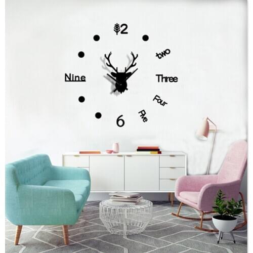 3D Deer Head Creative Wall Clock Acrylic Frameless Mirror Surface Wall Sticker Living Room Decoration Mute Clock, S /L Size