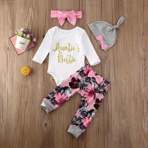Newborn Baby Girl Clothes Letter Romper Floral Knotbow Pants Headband Hat Autumn Spring 4PCS Outfit Set 0-3Y