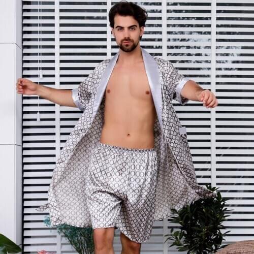 High-Quality Printed Bathrobe Set 2PCS Male Satin Nightgown Mens Sleepwear Pajama Nightwear Robe халат мужской пижама Pijamas