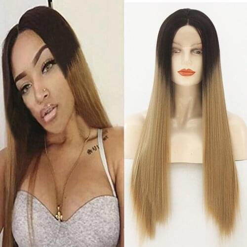 Halloween Cosplay Party Wig Two Tones 1b/27# Ombre Blonde Silky Straight Long Wigs Heat Resistant Glueless Synthetic Lace Front