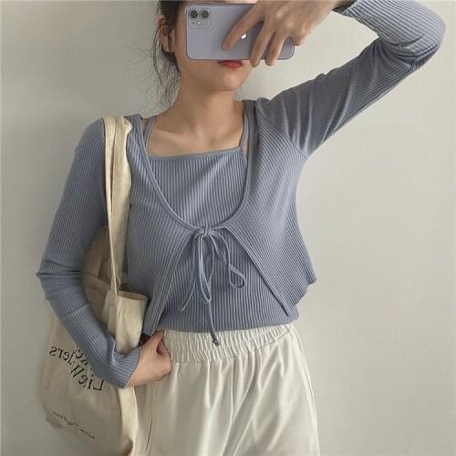 2020 Korean Crop Sweaters for Women Two Pieces Cardigan Sets Long Sleeve Lace Up Knitted Coat + Basic Sling Vest Suits O-Neck