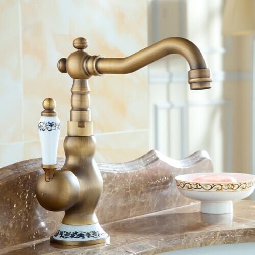 Bathroom Faucet Antique Bronze finish Ceramic Flower Pattern Brass Basin Sink Faucet Single Handle water taps anf511