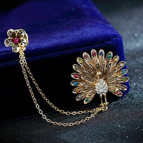 Colorful Rhinestone Long Double Chain Tassel Lapel Pin Vintage Peacock Feather Plum Flower Brooch Jewelry Women Fashion Brooches