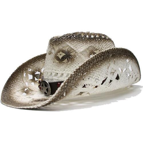 LUCKYLIANJI Retro Womens Mens Summer Straw Beach Wide Brim Cowboy Western Cowgirl Hat Hollow-Out Star Sign Leather Band(58cm)