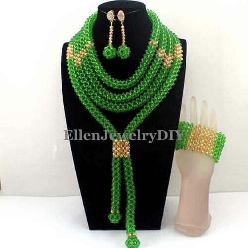 Fashion African Green Beads Jewelry Set Handmade Bridal Crystal Necklace Set for Nigerian Wedding beads Free Shipping W13145