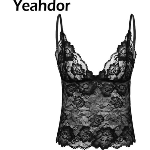 Mens See Through Sheer Lace Sissy Lingerie Spaghetti Shoulder Straps Male Sexy Deep V Neck Camisole Vest Homme Lace Crop Top