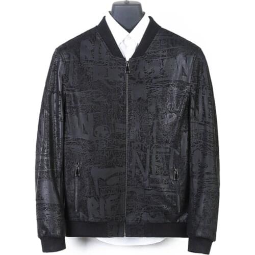 2018 New Men Leather Down Jacket Sheepskin leather Mens Baseball print jacket Natural sheep skin Winter Coat Man