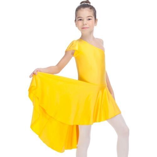 Oblique Shoulders Latin Dancing Dress Shiny Nylon/Lycra Leotrads with Skirts Girls Bodysuit Kids Dancewear