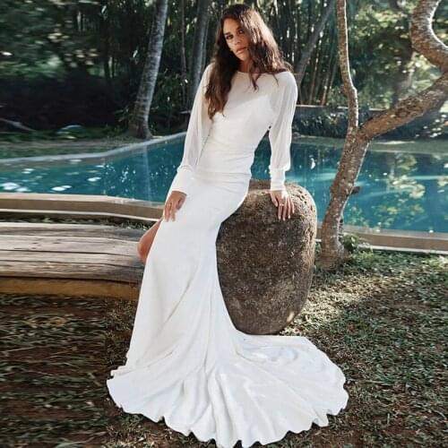 Boat Neck Satin Chiffon Mermaid Wedding Dress Long Sleeves Backless Zipper Bridal Gowns Plus Sizes Simple Elegant Custom Made