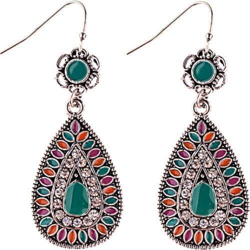 New Arrival 9 Colors Enamel Tear Drop Shaped Rhinestone Bohemia Style Earrings Silver Color Shard Flower Drop Earrings