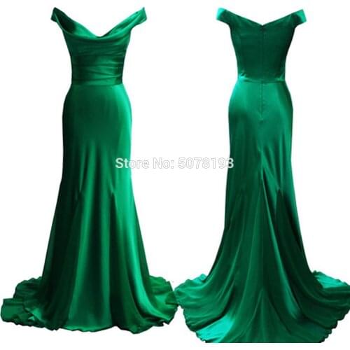 1121 green V-neck off-the-shoulder natural straight floor-length satin long evening dresses/party gowns pleat free shipping