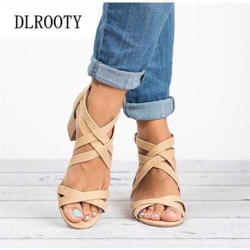 Woman Sandals Shoes Summer Pumps High Heels Thick Peep Toe Buckle Strap Zip Fashion Hollow Solid Gladiator Plus Size 34-43