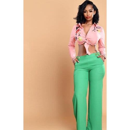Black/green Women Elegant Chic Loose Wide Leg Trouser Office Lady High Waist Buttons Up Long Pant Solid Female Boot Cut Capris
