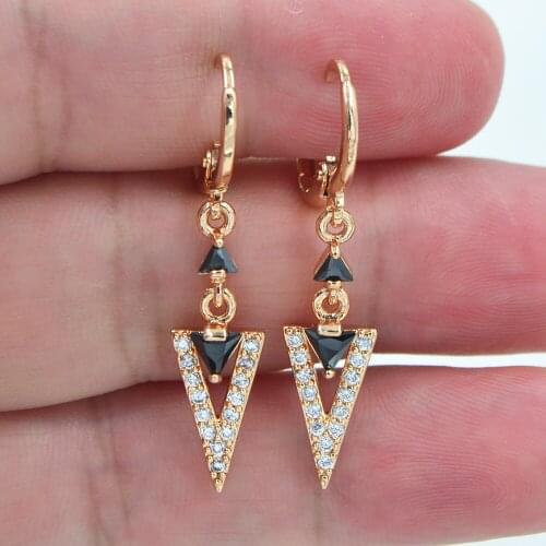AAA+ Cubic Zirconia Gold Color Fashion Women Black CZ V Dangle Earrings Jewelry