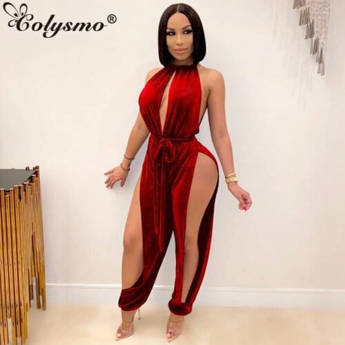 Colysmo Halter Brown Jumpsuit Hollow out with Belt Sexy Split Tie up Backless Elastic Club Outfits for Women Fashion Streetwear