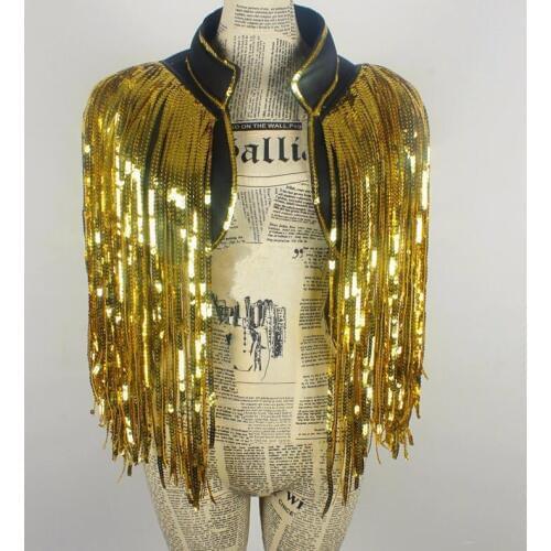 Gold coat tassels jacket coat Waistcoat DS costumes dance Christmas singer stage outfit Sequin vest over performance bar party