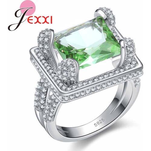 New Arrivel Fashion Big Light Green Rectangular 925 Sterling Silver Ring Size 6 7 8 9 10 Crystal Jewelry Gift For Women