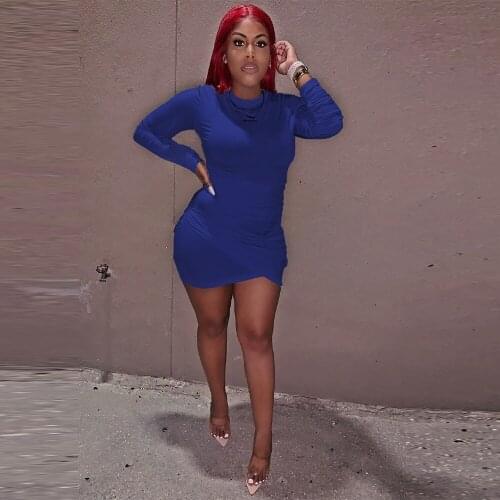 Black/blue/burgundy Women Skinny Short Dress Casual High Waist Full Sleeve Pleated Dresses Fashin O-neck Front Split Robe Femme