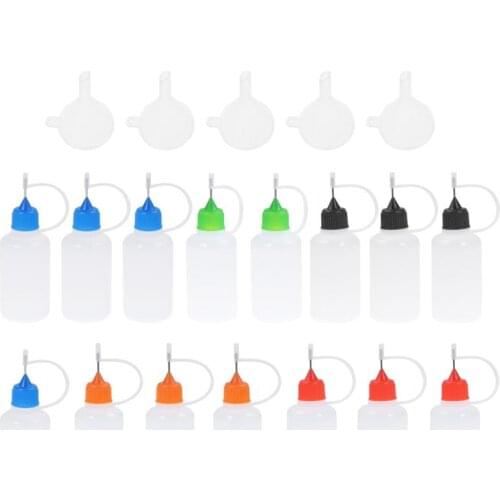 15PCS 30ml Syringe Bottle Needle Applicator Tip Bottles with Steel Needle Squeeze Bottle(15 Bottles +5 Funnel Lid Random Color)