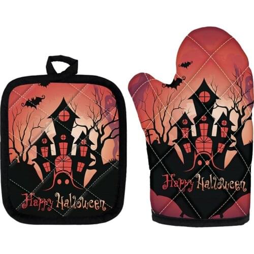 Happy Halloween Design Kitchen Tools 2pcs Oven Gloves and Heat Resistant Mats for Baking BBQ Cooking Heatproof Hot Sales