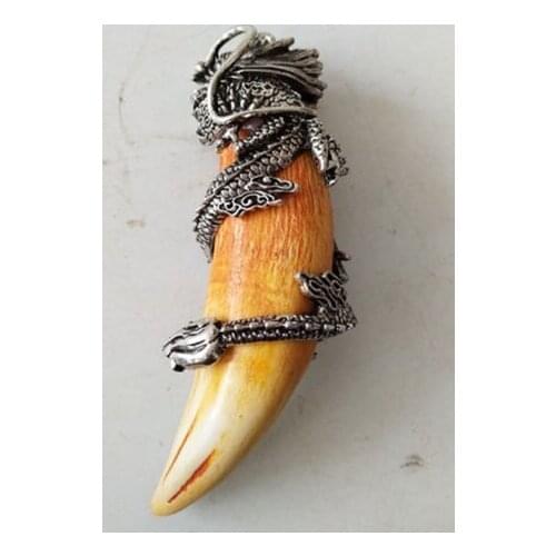 Chinese archaize Boars Tooth Wild Hog Silver Dragon protective talisman Pendant