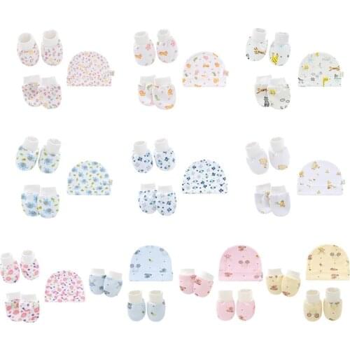 Baby Cartoon Anti-scratch Gloves Hat Foot Cover Set Handguard Cotton Mittens Beanie Cap Socks Kit for Infant Newborn