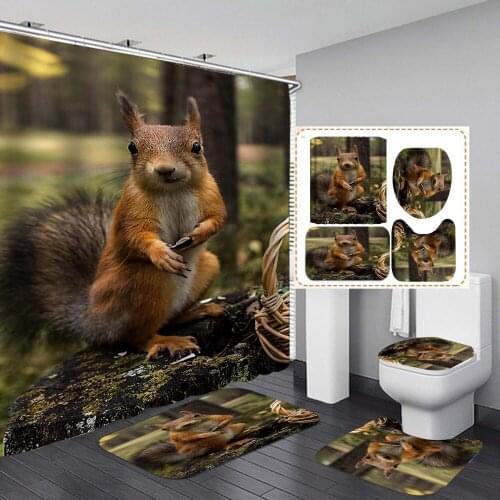 Shower Curtain Screen Kids Boy Bathing Brown Squirrel Printed 4PCS Set Waterproof Polyester Cloth Toilet Mat Pad Bathroom Decors