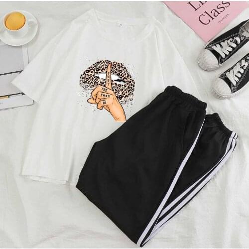 Outfit Set Summer Trousers Pant Suits for Women Female Two Piece Set Women Top and Pants Striped Pants Leopard Lips Print Top