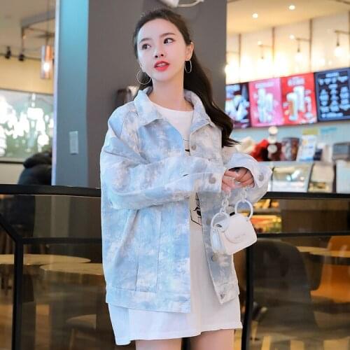 Autumn Spring Short Tie Dyed Denim Jacket Women Blue Sky White Cloud Grass Green Loose Harajuku Veste Femme Streetwear Clothes