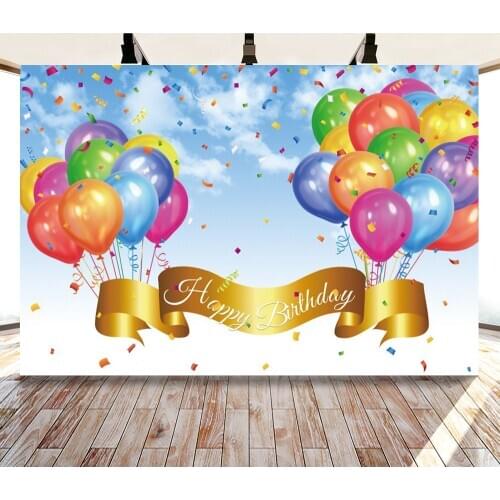 Laeacco Birthday Banner Backdrops Blue Sky White Clouds Colorful Balloons Baby Shower Custom Photography Backgrounds Photozone